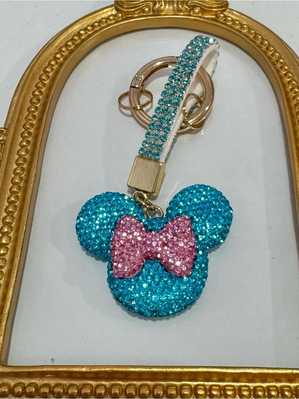 New Sparkling Teal Mouse Keychain with Pink Bow
